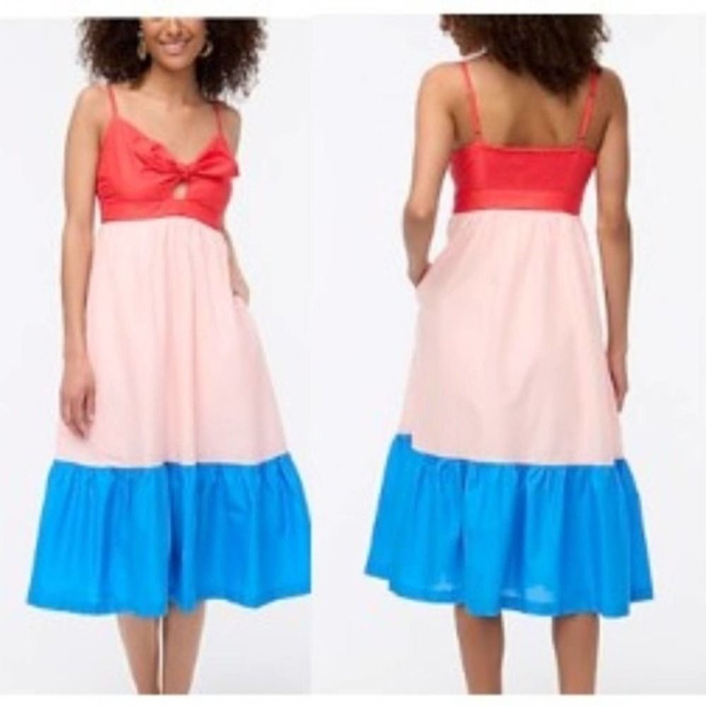 J Crew Women's‎ Tie Front Cutout Cotton Midi Dress Colorblock Party Red Blue